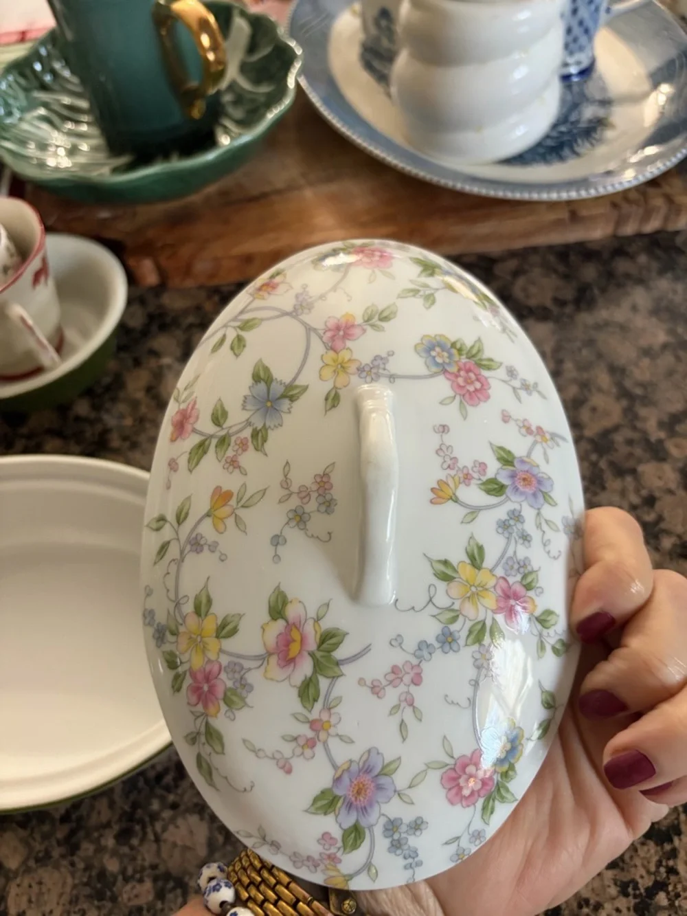Andrea By Sadek White Porcelain Covered Serving Dish with Pastel Floral Design